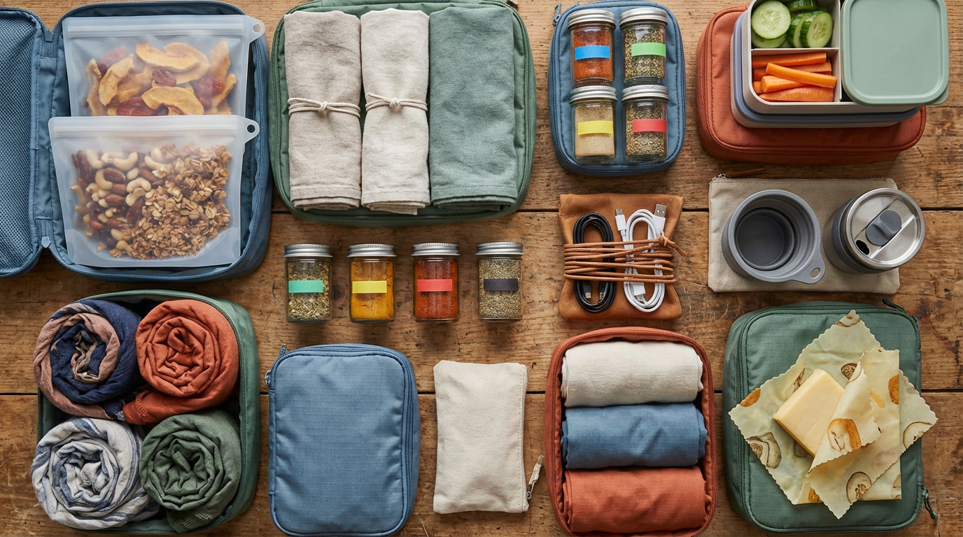 Strukturiertes Koffer-Innere mit Packwürfeln und Leder-Accessoires als Gepäck Organisationstipps