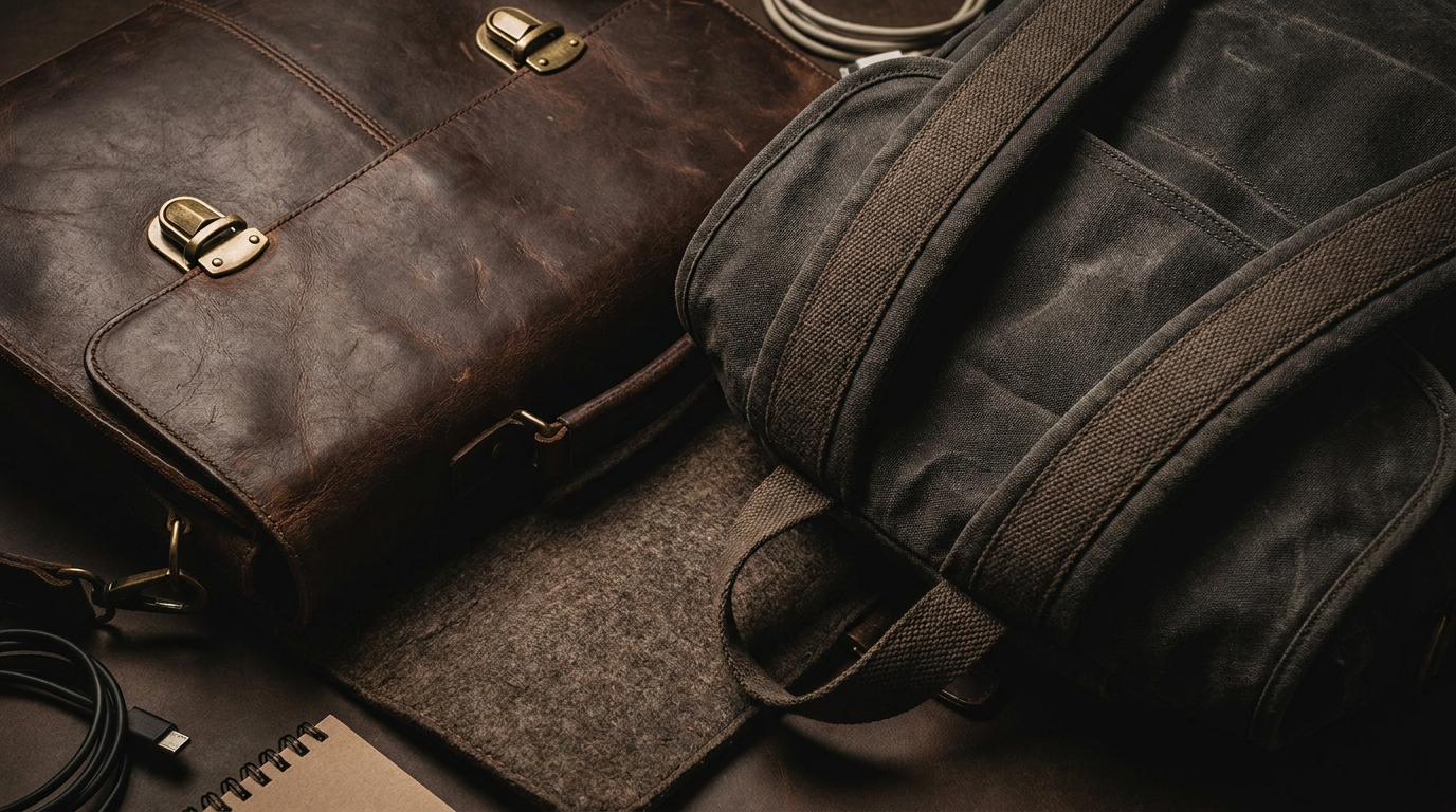 Vergleich einer eleganten Laptoptasche aus Leder und eines funktionalen Business-Rucksacks für den Arbeitsalltag